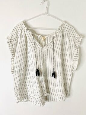Joie White Ivory Black Stripe Cotton Blend Tassel Tie Ruffle Sleeve Boho Top